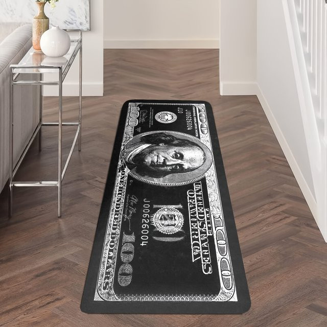 VIKAMA Läufer-Teppich mit 100-Dollar-Rechnung-Design, modern und rutschfest, Schwarz-Weiß, B/T: 120 x 40 cm - Bild 1