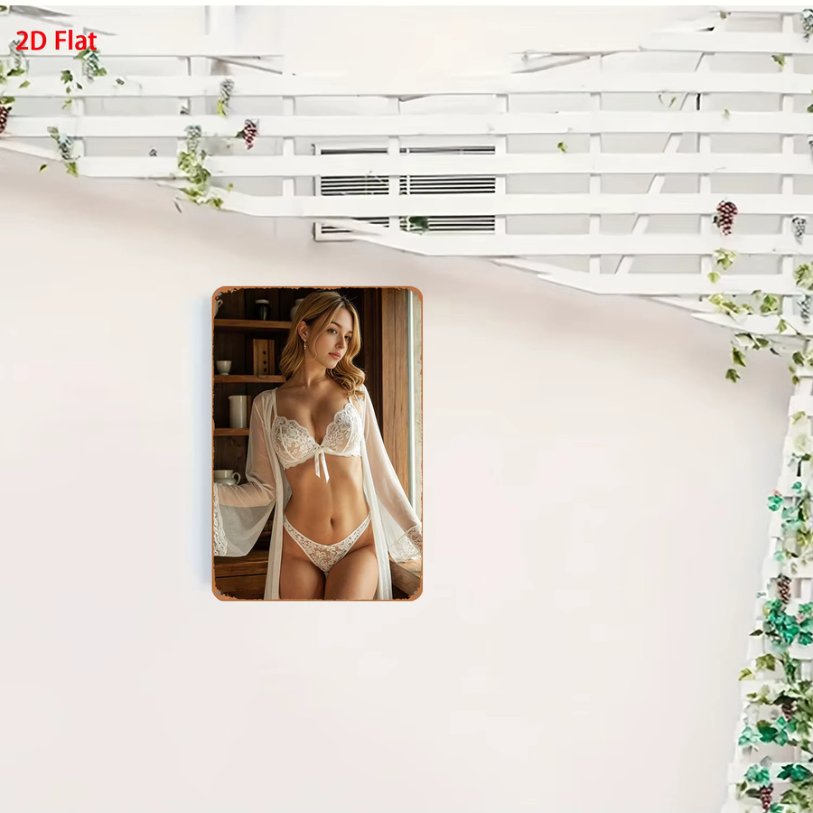 HELLOYOUNG Retro-Metallschild Wanddekoration mit Motiv Frau in weißer Spitzenunterwäsche und transparentem Morgenmantel, Rechteckig - Bild 3