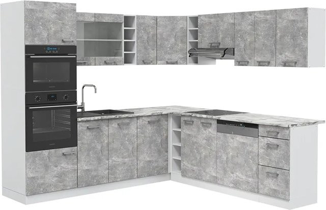 Vicco R-Line Eckküche Einbauküche in Weiß und Beton mit Türen und offenen Regalen - Bild 2