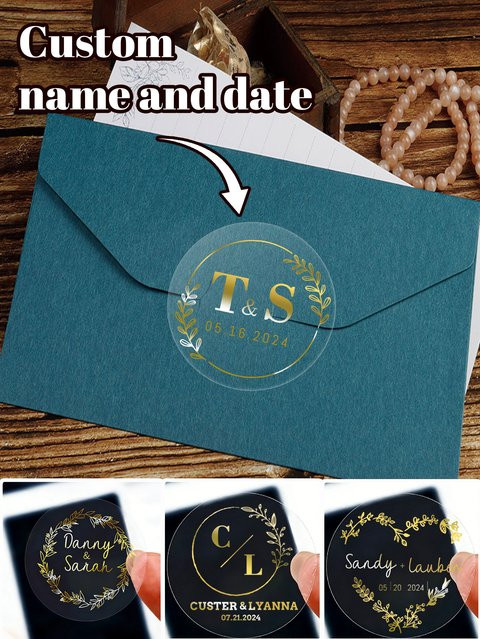 Personalisierte Hochzeitsaufkleber mit Goldprägung, runde Namensaufkleber für Braut und Bräutigam, Durchmesser: 3 cm, Farbe: Gold - Bild 1