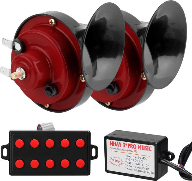 TOMTOP JMS Universal Doppeltonhupe Set für Auto und Motorrad, 12V elektrische Schneckenhupe mit 10 Sounds und Wasserdichtigkeit, Rot - Bild 1