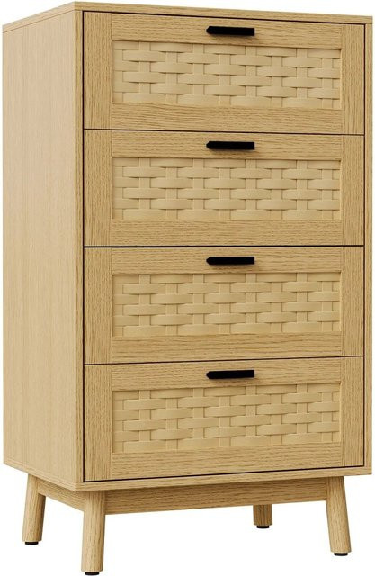 PXloue Massivholzkommode mit 4 Schubladen in Eichenfarbe und Rattanoptik, B/T/H: 55 x 39 x 95 cm - Bild 1