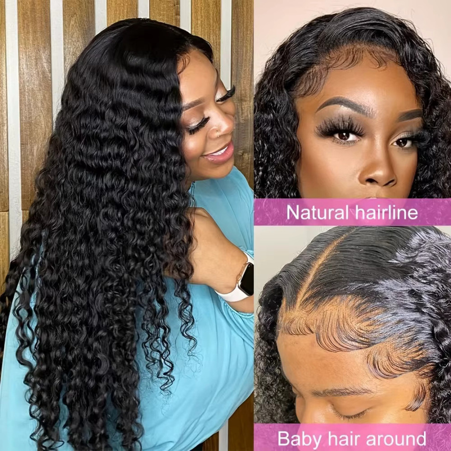 FIUMER Deep Wave Lace Front Perücke aus Echthaar, 200% Dichte, HD transparent, Damen - Bild 4
