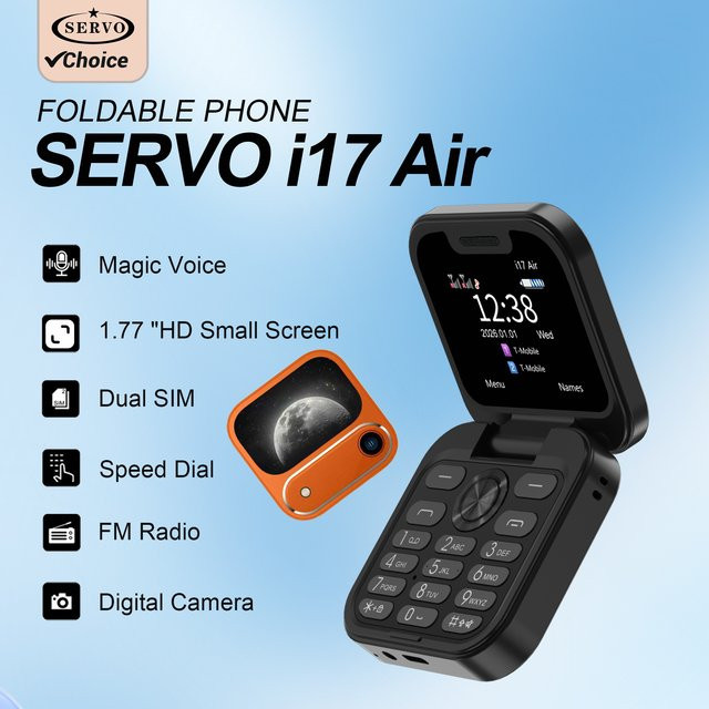 SERVO i17Air 2G Mini faltbares Mobiltelefon in Schwarz mit Dual SIM, Anrufaufzeichnung und FM Radio - Bild 1