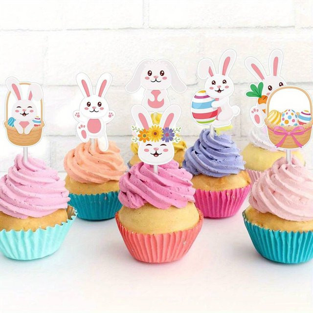 24 Stück Ostern Cupcake Topper mit Kaninchen und Karotten aus Papier und Kunststoff in Mehrfarbig für deine Frühlingsparty und DIY Kuchen Dekoration - Bild 1