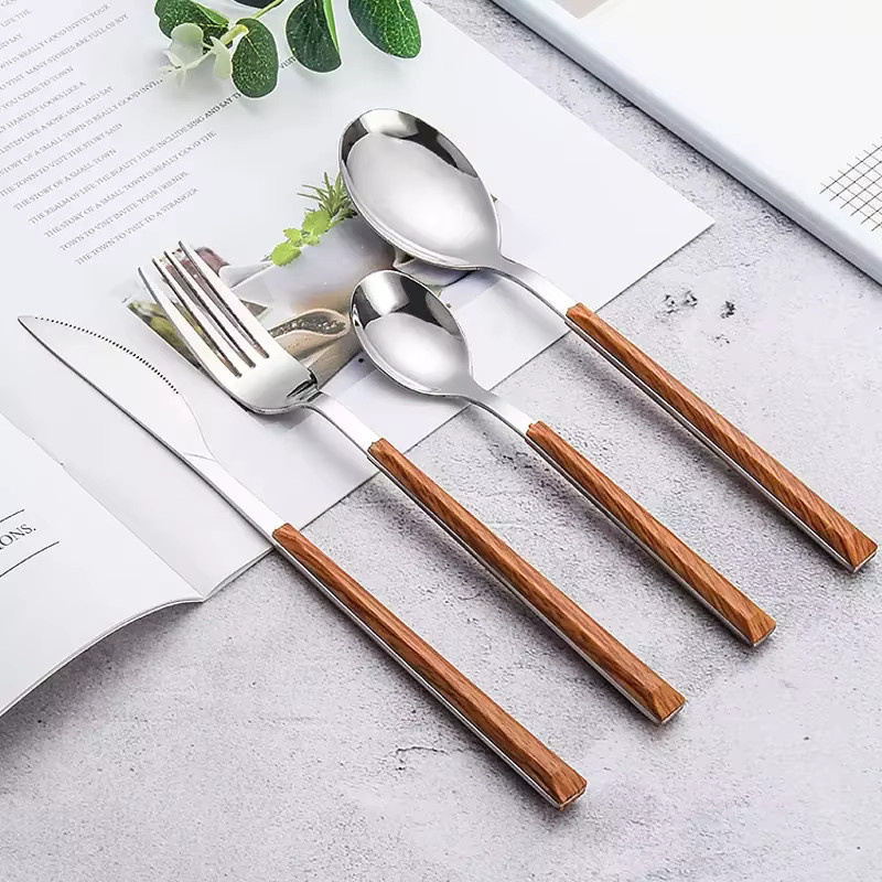 KATELV Koreanisches Besteckset aus poliertem Edelstahl mit Holzgriff in Braun bestehend aus Messer, Gabel, Löffel und Stäbchen - Bild 3