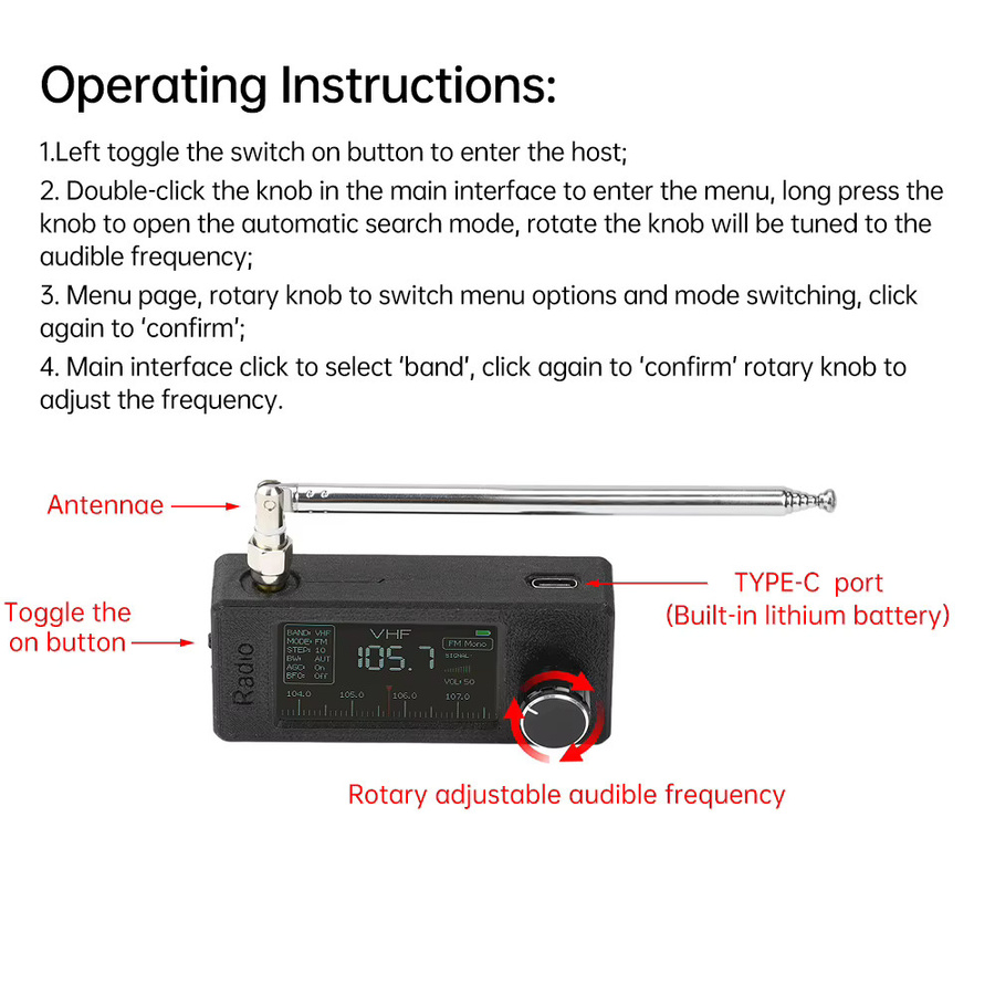 Tragbares Kurzwellenradio Gaqqee mit 1,9 Zoll Display, ESP32-S3 SI4732 Empfänger für FM, AM, LW, SW und LSB, USB-C Anschluss und Antenne, 9,9 kHz-108 MHz - Bild 2