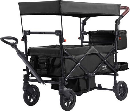 VEVOR Buggy Wagon für 2 Kinder, faltbarer Tandem-Kinderwagen zum Schieben oder Ziehen mit verstellbarem Griff, Sonnendach und Bremsen, Schwarz - Bild 1