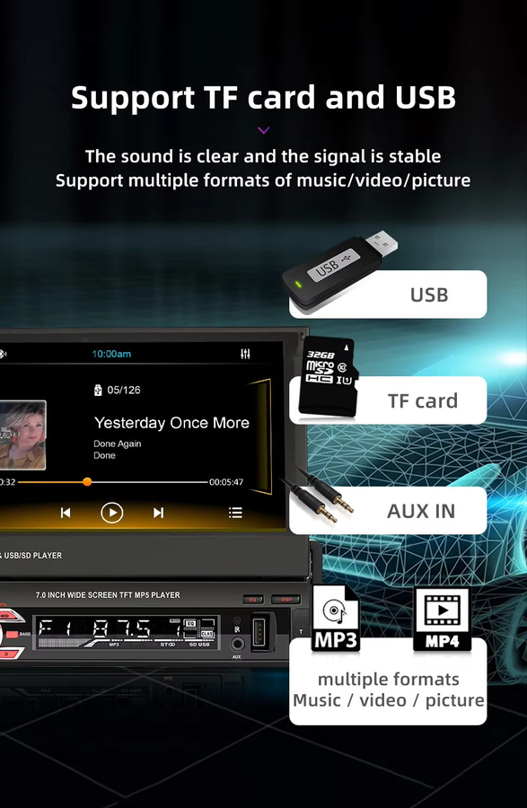 ESSGOO Single DIN 7 Zoll Auto Stereo Radio mit Flip Out HD Touchscreen, CarPlay, Android Auto, Bluetooth, USB und AUX in Schwarz - Bild 4