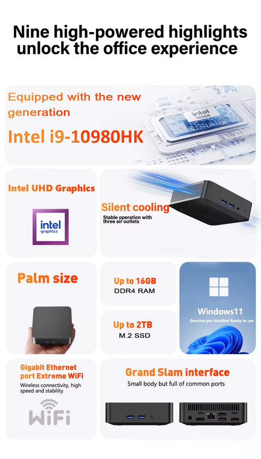 FUCHU Mini-PC mit Intel Core I9-10980HK, 16GB RAM, 500GB SSD, Windows 11, Schwarz - Bild 3