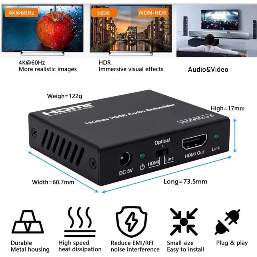 VBDWRM HDMI Audio Embedder 4K 60Hz HDMI 2.0 Audio Inserter mit AUX und Digital Toslink zu HDMI Konverter, 18Gbps, Schwarz - Bild 5