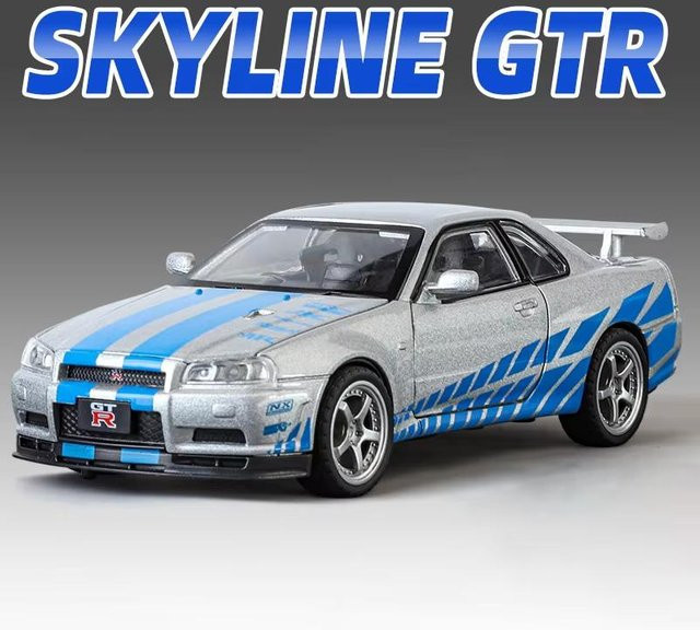 JJRC GTR R34 Sportwagenmodell, 1:32, Druckguss-Spielzeug, mit Licht und Ton, silber - Bild 1
