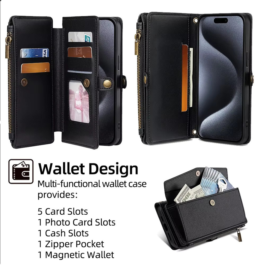 Lederne Brieftasche-Schutzhülle mit Standfunktion und Umhängetaschen-Design für iPhone Modelle in Schwarz - Bild 3