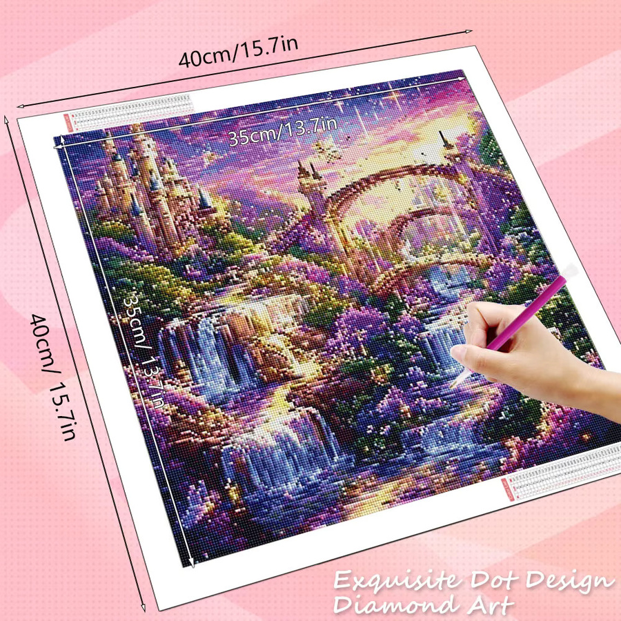 HUACAN Diamantmalerei Landschaft mit Schloss, Wasserfall und Brücke, Rundes Mosaik-Set, Mehrfarbig, Durchmesser: 20 cm - Bild 2