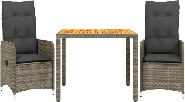 vidaXL 3-tlg Garten-Bistro-Set aus Poly-Rattan und Akazienholz in Grau mit Kissen - Bild 1