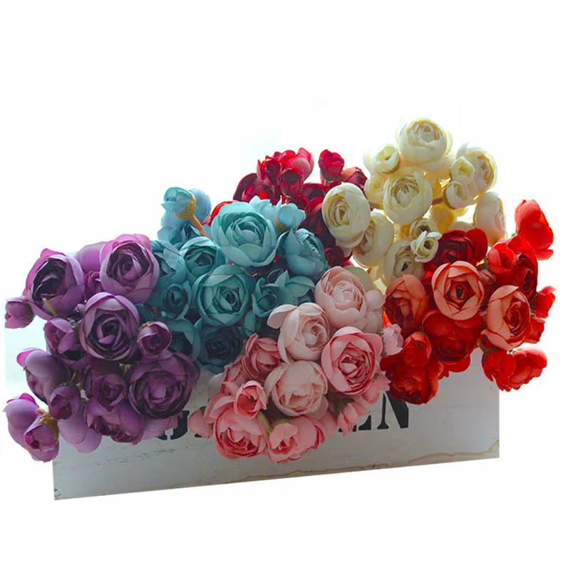 YO CHO Künstlicher Seidenblumenstrauß mit Teerosen und Lotus in Rot und Multicolour, 6 Stück - Bild 2