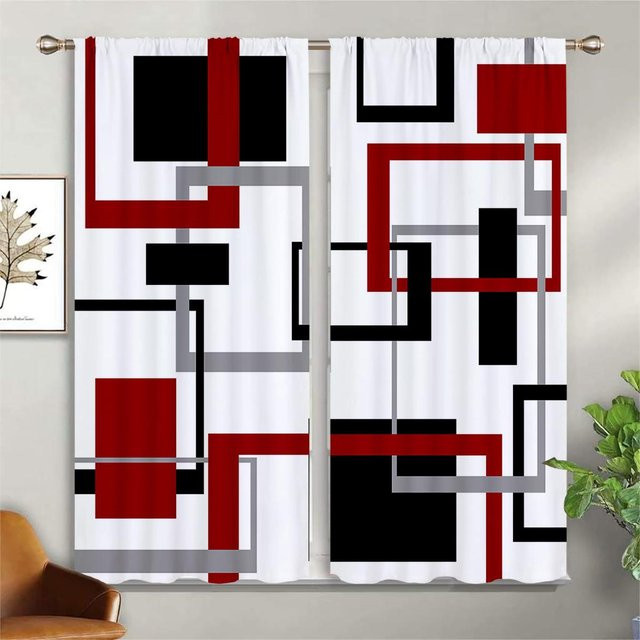 Yiran Furniture Moderne abstrakte Kunstvorhänge mit quadratischem Design, 2 Paneele, Mehrfarbig, B: 85 cm, H: 200 cm, halbtransparent aus Polyester mit Ösen - Bild 1