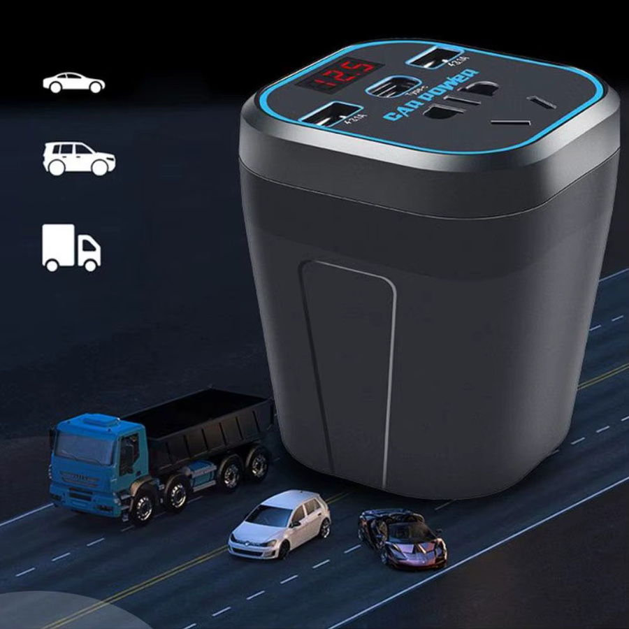 Multifunktions Auto-Wechselrichter Konverter von 12 V/24 V auf 110 V/220 V mit USB-C Schnellladegerät und Buchse in Schwarz - Bild 2