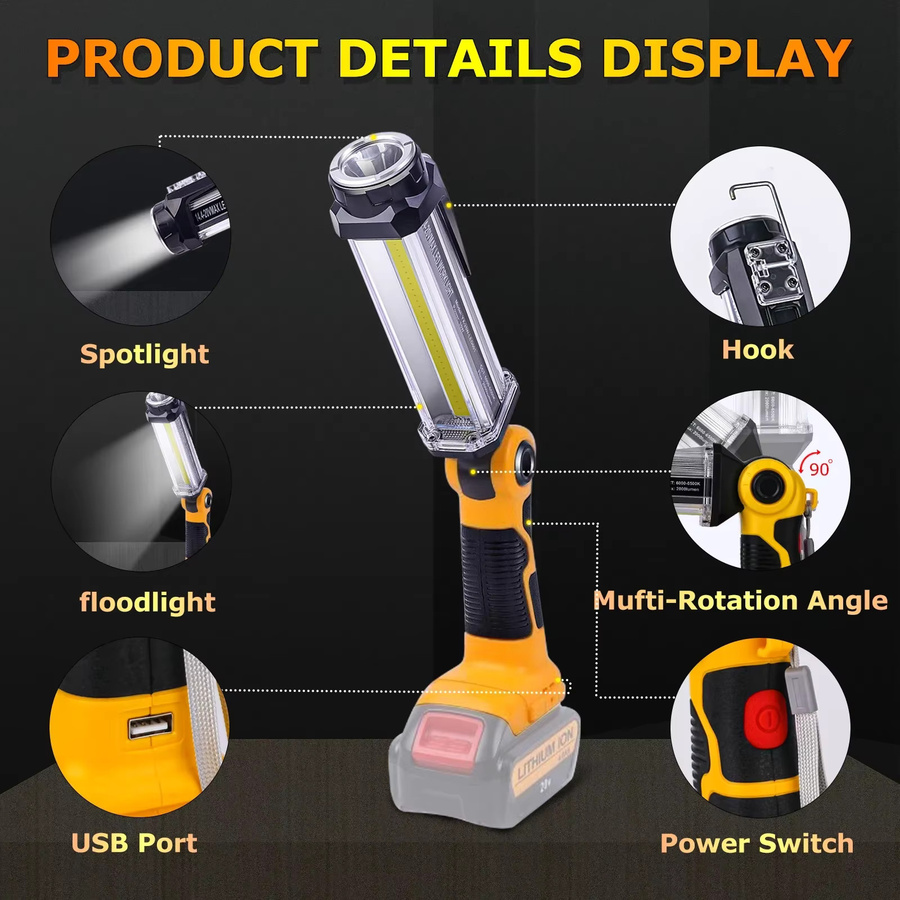 DeWalt LED Arbeitslicht Taschenlampe mit 2000 Lumen und USB-Anschluss für 14,4V-18V Li-Ion Akkus, Gelb - Bild 3