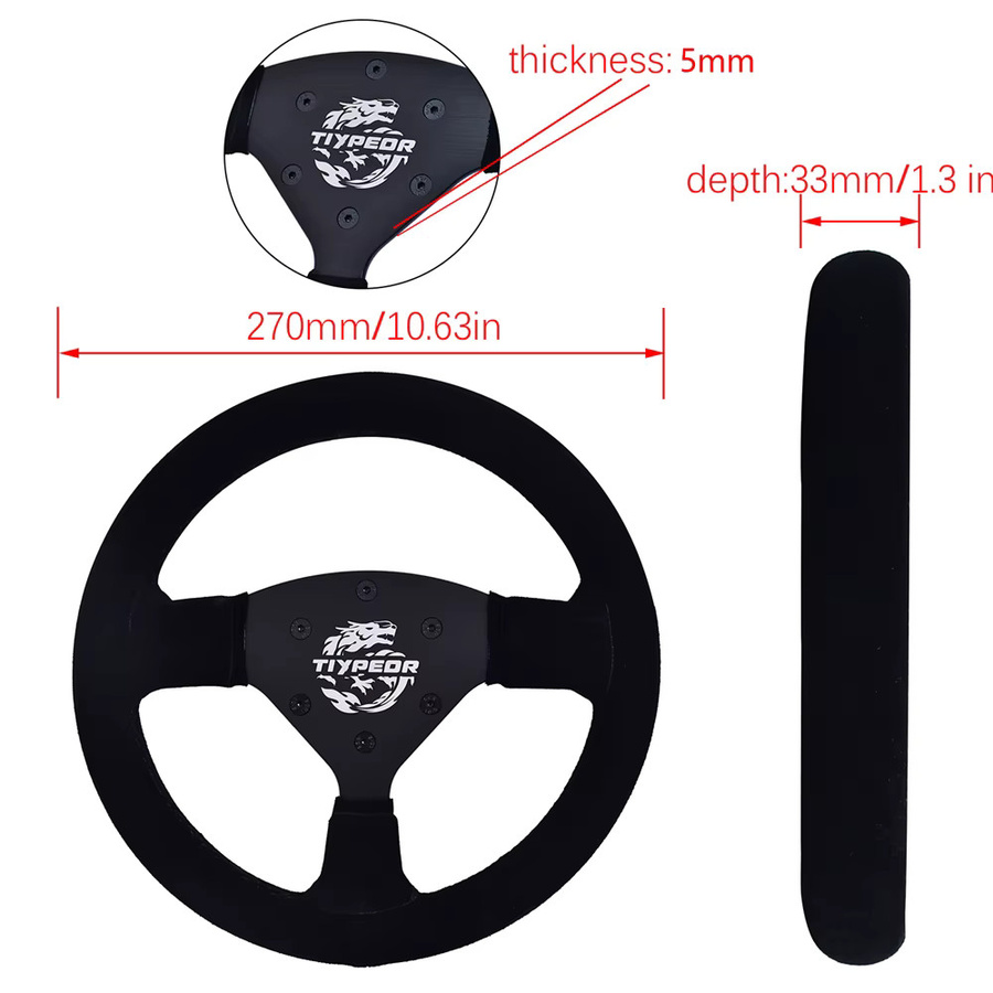 TIYPEOR Universal-Sportlenkrad aus Wildleder in Schwarz mit flacher Halterung, Durchmesser: 27 cm - Bild 2