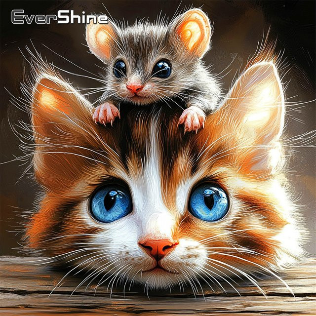 EverShine Diamant-Stickerei Tier-Mosaik Katzenbild mit Maus in Multicolour, B/H: 20 x 20 cm - Bild 1