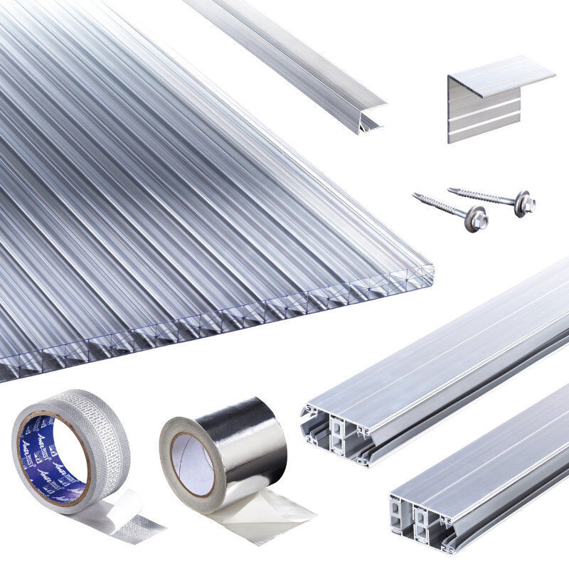 Terrassendach-Set von T&J mit transparenten Acrylglas Stegplatten, Thermoverlegeprofil 16 mm und Montagematerial aus Aluminium und Edelstahl, glasklar - Bild 1