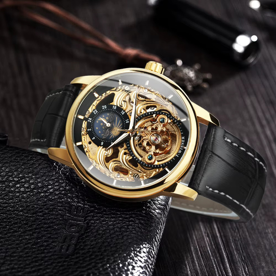 Gewinner Armbanduhr, Automatik, Mondphase, Gold, Leder, Herren - Bild 2