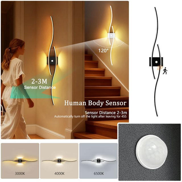 HAULVANG LED Wandleuchte mit Bewegungsmelder im skandinavischen Design, Up-Down Wandlampe für Küche und Flur, Schwarz - Bild 1