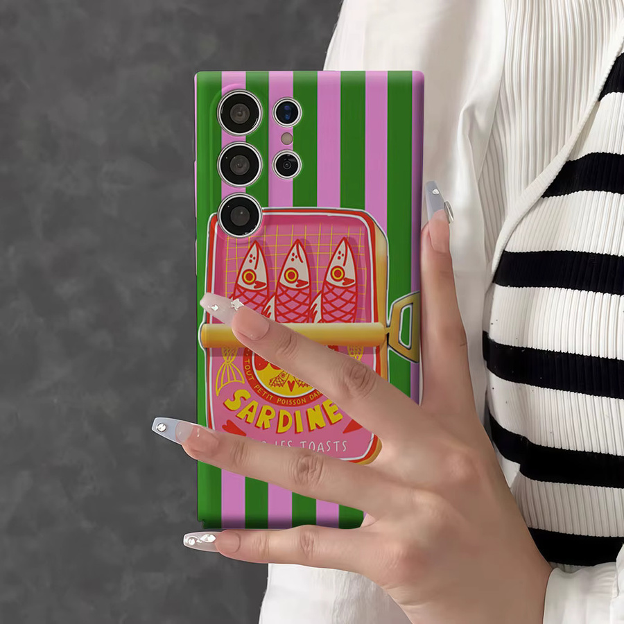 Aurbe Handyhülle für Samsung Galaxy S26 S25 S24 S23 Ultra Plus HD Hard Case mit Sardines Design in Grün-Rosa-Streifen - Bild 5
