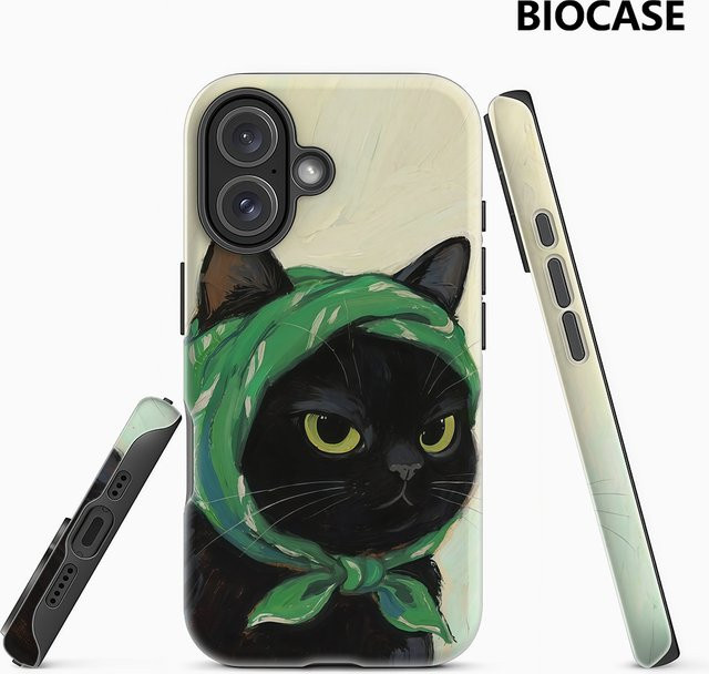 Potdemiel Handyhülle mit Schwarzer Katze und grünem Kopftuch für iPhone 17 16 15 14 13 12 Pro Max Plus, Schwarz - Bild 1