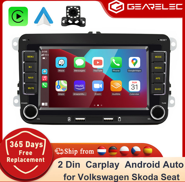 GEARELEC 2 Din Autoradio mit Android 14, Multimedia-Player mit GPS und WiFi, Carplay, Schwarz, passend für Volkswagen Skoda Octavia Golf 5 6 Touran Passat Polo Jetta - Bild 1