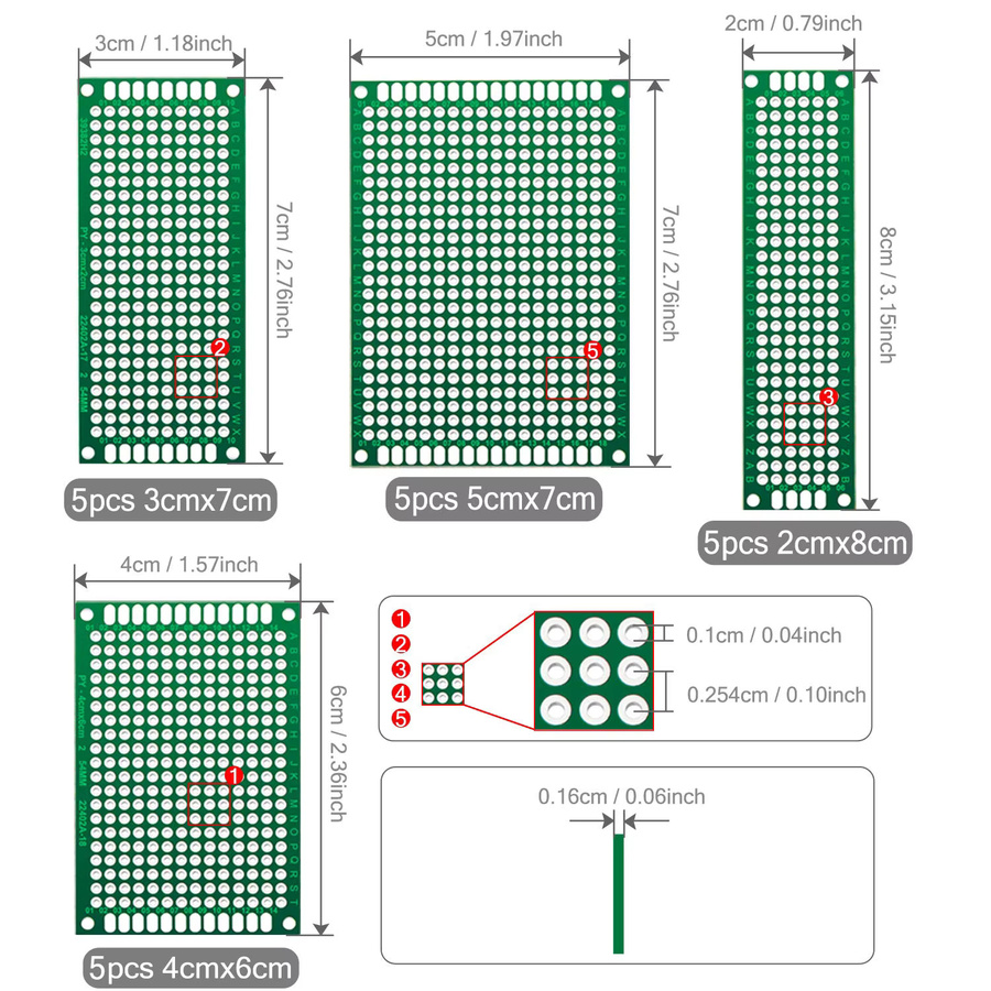 AOKIN Prototyping Kit 20 Stück doppelseitige Leiterplatten FR4 Universal Perfboard verzinnt grün B/T/H: 83 x 2 x 7 cm und 65 x 4 x 7 cm - Bild 2