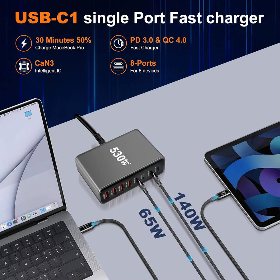 530W Multi-Port-Ladestation mit 8 Anschlüssen und Schnellladefunktion für MacBook, iPad, iPhone und Samsung Galaxy Geräte - Bild 2
