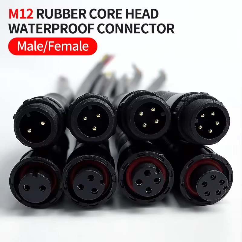 M12 IP67 Kabelstecker Set für LED-Streifen, wasserdichte Steckverbinder mit Gummikern, schwarz, Länge: 20 cm - Bild 2