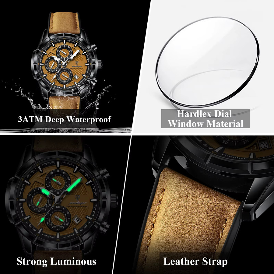 POEDAGAR Armbanduhr, Quarz, Leder, Schwarz, Chronograph, Herren - Bild 4