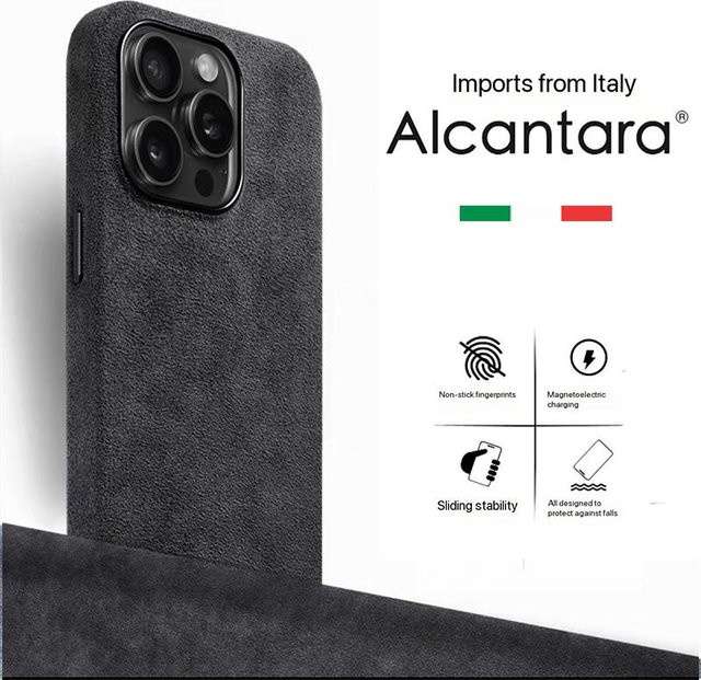 Luxuriöse Magnetische Alcantara Handyhülle mit MagSafe für Apple iPhone 14, 15 und 16 Pro Max Plus Air in Dunkelgrau - Bild 1