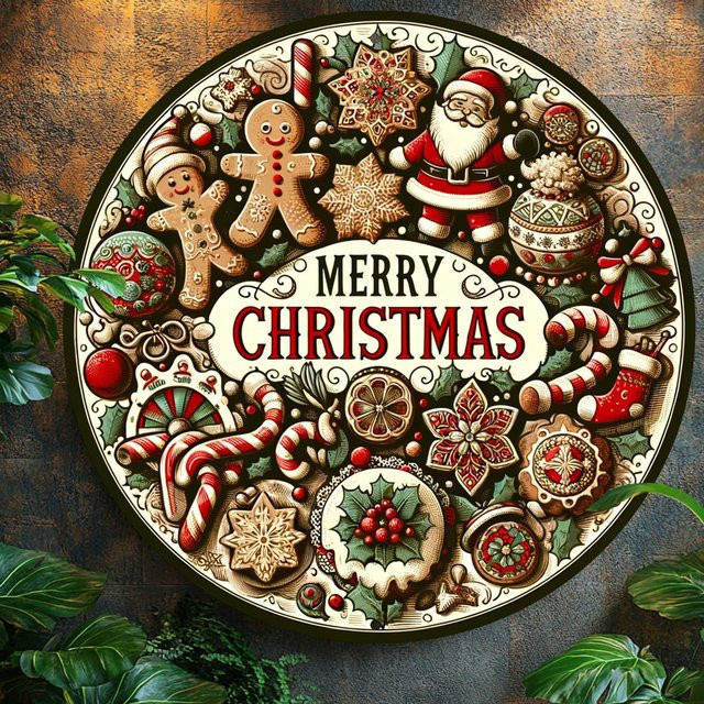 Potdemiel Vintage Wandschild Frohe Weihnachten runder Metall-Kranz mit Weihnachtsmann und Lebkuchen, Durchmesser: 20,32 cm, Mehrfarbig - Bild 1