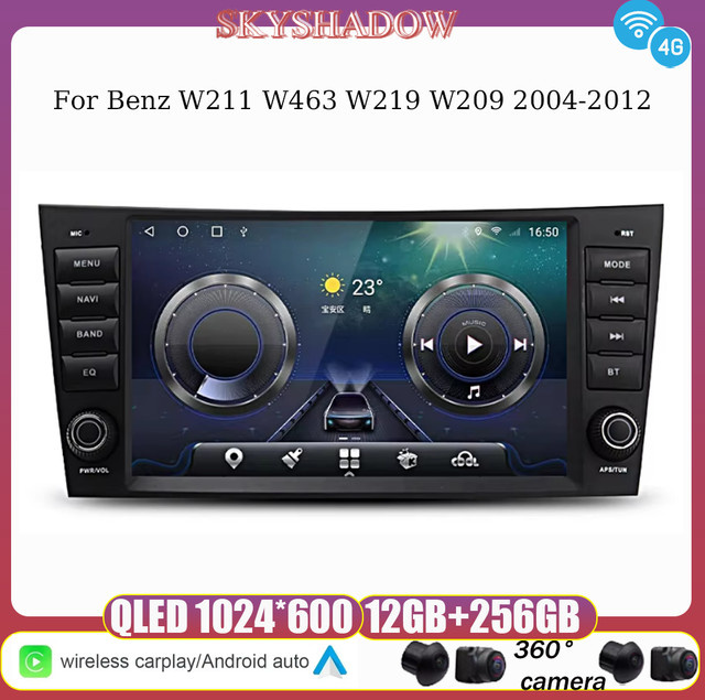 SKYSHADOW Android 14 Carplay Autoradio mit 12GB RAM und 256GB Speicher, 8 Zoll IPS Display, GPS, WiFi und Bluetooth, Schwarz, passend für Mercedes Benz W211 W463 W219 W209 (2004-2012) - Bild 1