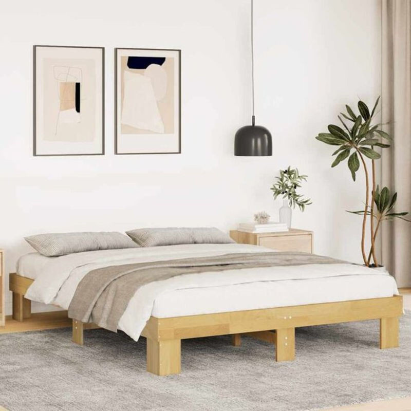 Massivholzbett Vidaxl aus Eiche Natur in Braun, B/T/H: 160 x 200 cm, minimalistisches Design ohne Matratze - Bild 1