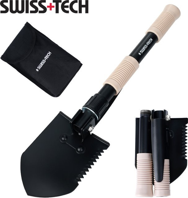 Swiss Tech 3-in-1 Multitool Klappspaten in Schwarz als ultraleichte EDC Outdoor-Campingausrüstung und multifunktionales Gartenwerkzeug-Set - Bild 1