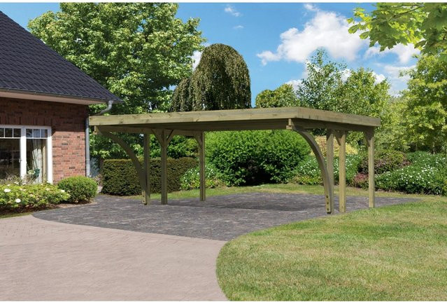 Karibu Doppelcarport Classic aus Nadelholz mit PVC-Dach und 2 Einfahrtsbögen, Farbe: Braun, B: 563 cm, T: 395 cm, H: 237 cm - Bild 1
