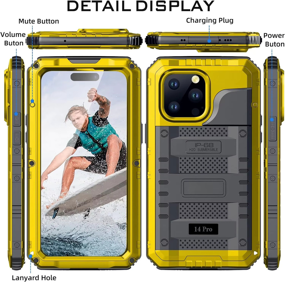 Wasserdichte und robuste Metall-Schutzhülle mit IP68-Zertifizierung und Displayschutz für Apple iPhone 11 bis iPhone 17 Pro Max in Schwarz und Gelb - Bild 1