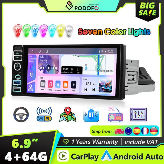 Podofo Android Autoradio mit 4+64GB Speicher, AI DSP, Carplay, Android Auto, Mirror Link, GPS-Navigation und WLAN in Schwarz - Bild 1