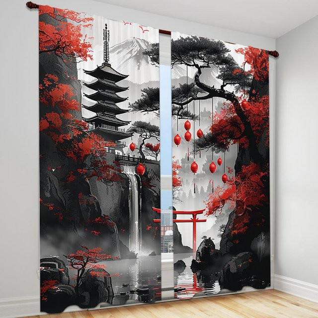 2-teiliger halbverdunkelnder Vorhang von Yiran Furniture mit japanischem Landschafts- und Torii-Tor-Design aus Polyester, Mehrfarbig, B/H: 135 x 245 cm - Bild 1
