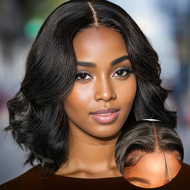 JAYCEE HAIR Wear and Go Echthaar-Perücke, gewellt, kurzer Bob, HD-Lace-Frontal, 180 % Dichte - Bild 1