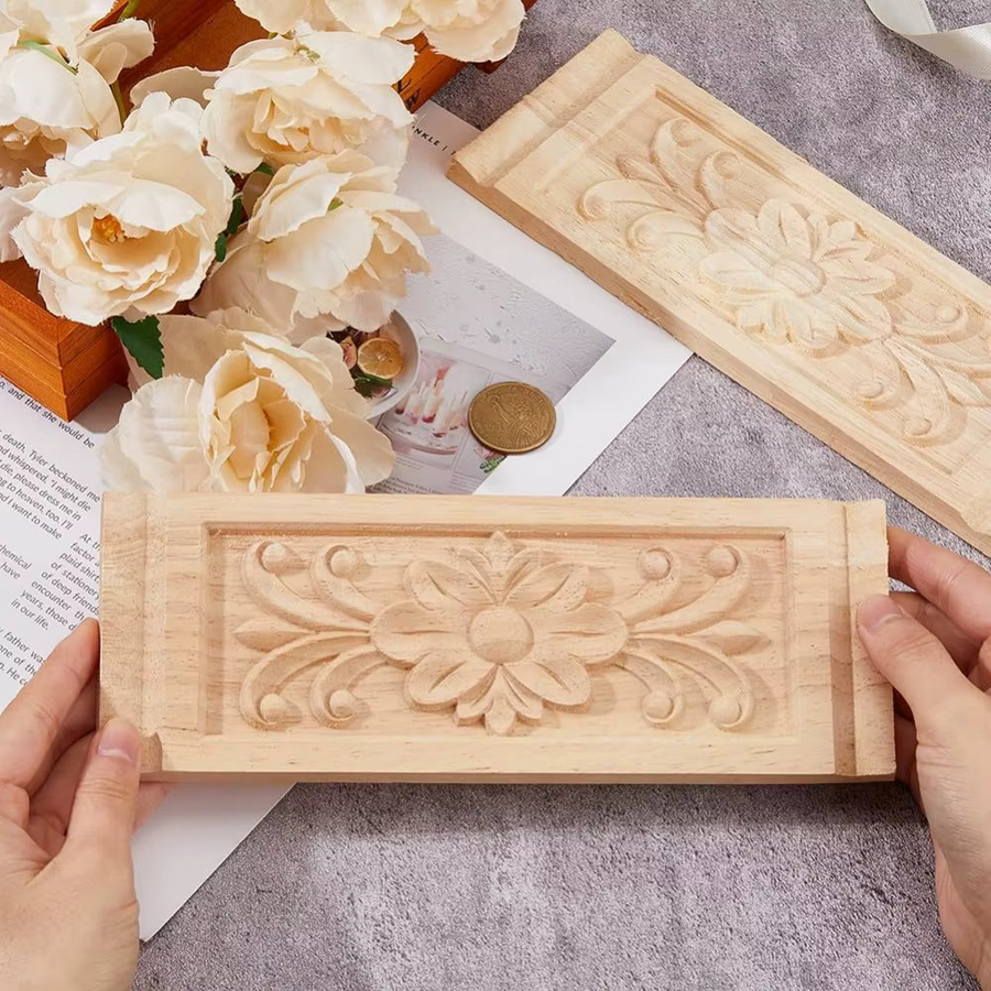 2er-Set Rechteckige Holzapplikation mit floraler Schnitzerei zur Möbeldekoration, Beige, B: 22 cm, H: 8 cm - Bild 2