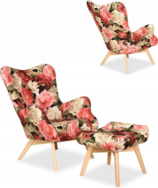 Skandinavischer Ohrensessel Luna Print mit Hocker-Pouf von Family Meble in blumigem Stoffdesign - Bild 1