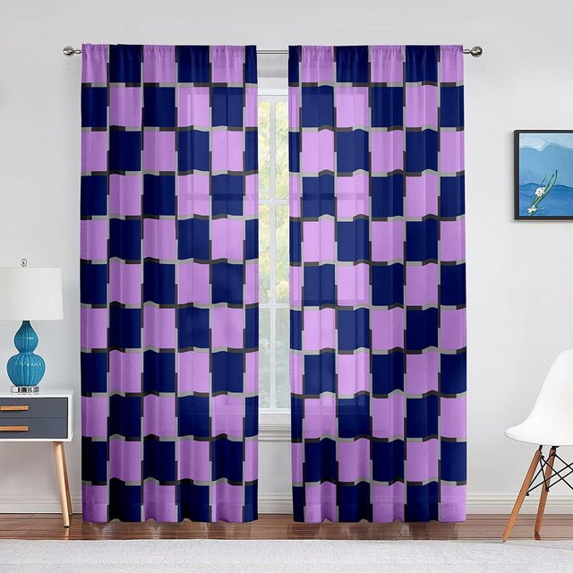 Super Six Transparenter Chiffon-Fenstervorhang mit Checker-Muster in Rot, Weiß und Lila, Breite: 100 cm, Höhe: 250 cm - Bild 1