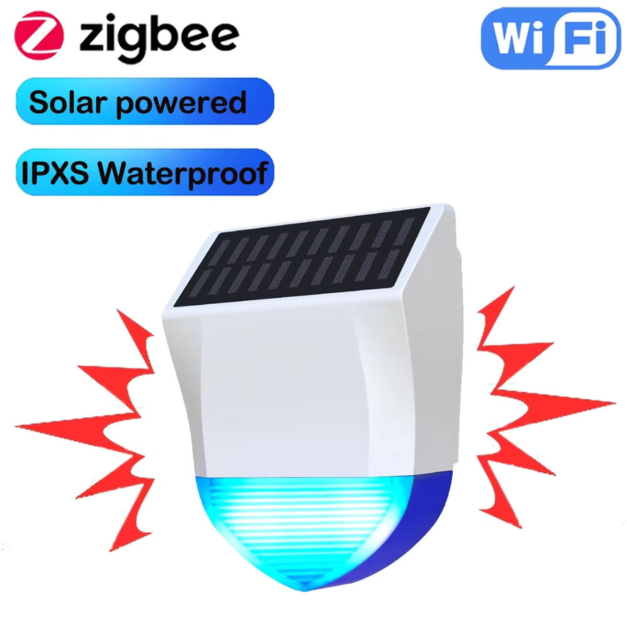 Tuya Smart Sirenenalarm für den Außenbereich, wasserdicht, mit Solar- und USB-Stromversorgung, 95 dB, Farbe: Weiß - Bild 2