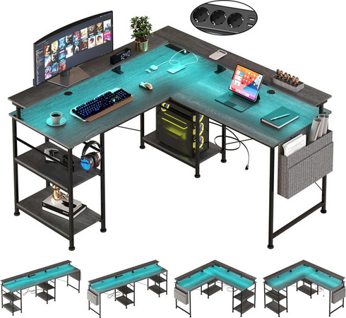 ThomP Gaming Schreibtisch in L-Form mit Regal, Steckdose, USB und RGB LED in Grau/Schwarz